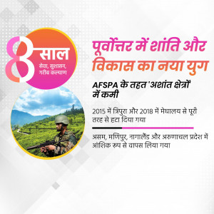 Infographic depicting 8 years of peace and development in Northeast India, with an image of a soldier and text in Hindi.