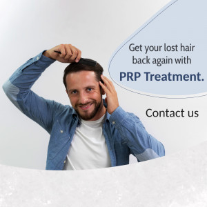 Man checking his hair with text promoting PRP treatment