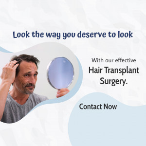 Man looking at his hair in a mirror with text promoting hair transplant surgery.