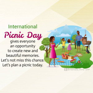 Illustration of a family enjoying a picnic in a scenic outdoor setting with text celebrating International Picnic Day.