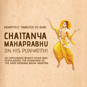 Image of Chaitanya Mahaprabhu with text commemorating his Punyathithi