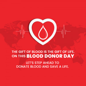 World Blood Donor Day graphic with a heart and blood drop over a world map.