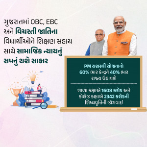 Image depicting the Gujarat OBC/EBC scholarship scheme with Prime Minister Modi and educational elements.