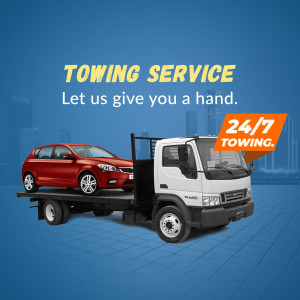 Towing truck with a red car on the flatbed, advertising 24/7 towing service.