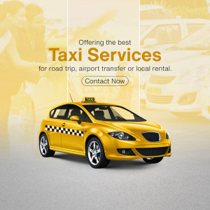 Yellow taxi car with a couple in the background and text promoting taxi services