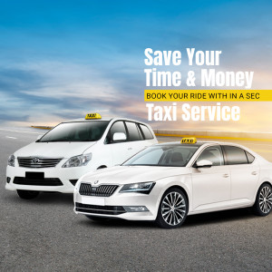 Two white taxis with yellow tops promoting a taxi service