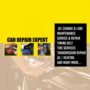 Image showcasing car repair services including oil change, timing belt replacement, and transmission repair.