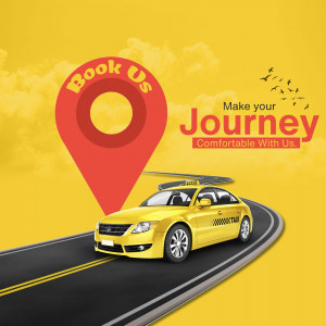 Yellow taxi on a winding road with a location pin and text 'Book Us'