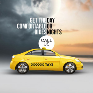Yellow taxi cab with a night sky background and text promoting comfortable rides.