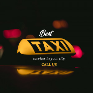 Yellow taxi cab with text advertising taxi services