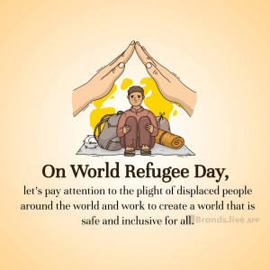 Illustration of hands forming a roof over a refugee with belongings, with text commemorating World Refugee Day.