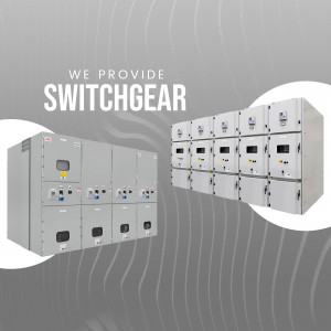 Rows of gray electrical switchgear cabinets in a data center or industrial setting.