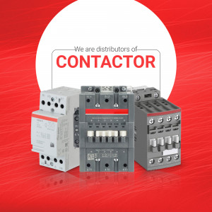 Three industrial contactors on a red background