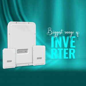 Three white inverters of different sizes displayed against a teal background with text 'Biggest range of INVERTER'