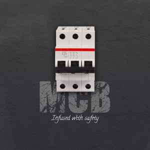 Close-up of a white MCB circuit breaker against a dark gray textured background with 'MCB' text.