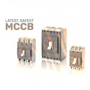 Three molded case circuit breakers (MCCB) on a white reflective surface.