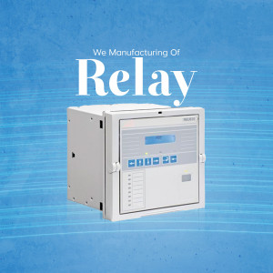 Image of a white relay device with a blue gradient background and text 'We Manufacturing Of Relay'