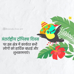A colorful illustration of a toucan wearing a sombrero with tropical flowers and leaves, with text in Hindi celebrating International Toucan Day.