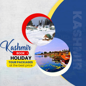 Kashmir travel advertisement featuring snowy landscapes and houseboats.