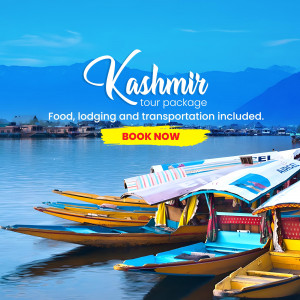 Scenic view of Dal Lake in Kashmir with houseboats and the text 'Kashmir tour package'