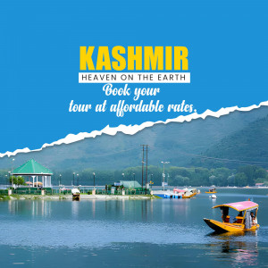 Scenic view of Dal Lake in Kashmir with boats and mountains, promoting affordable tour packages.