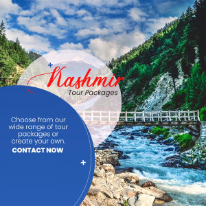 Scenic view of Kashmir with text promoting tour packages