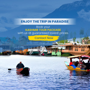 Scenic view of Dal Lake in Kashmir with houseboats and boats, promoting a tour package.