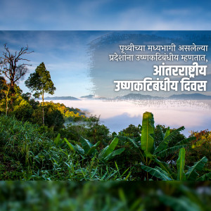 Scenic view of mountains covered in mist with lush green foliage and text in Marathi.