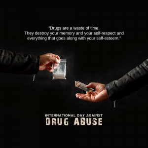 Image depicting a hand-to-hand exchange of a small bag of white powder and money, with text promoting awareness against drug abuse.