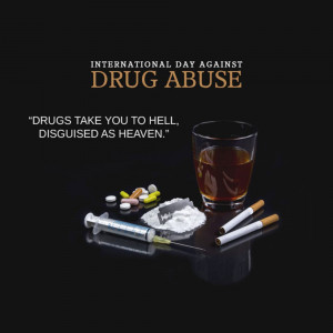 Image depicting drug abuse with pills, a syringe, a glass of liquid, and cigarettes.