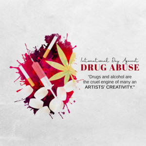 Image depicting syringes, cigarettes, pills, and cannabis leaf with paint splatters, promoting awareness about drug abuse.