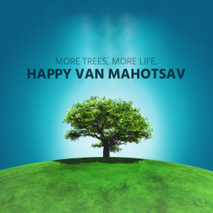 A small green tree on a green hill with a bright blue sky and the text 'More Trees, More Life, Happy Van Mahotsav'
