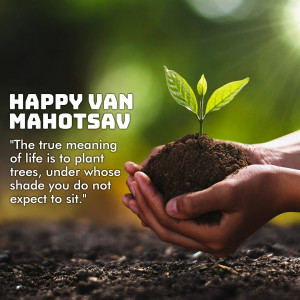 Hands holding a seedling with the text 'Happy Van Mahotsav'