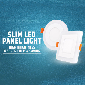 Two slim LED panel lights against a textured blue background with text highlighting features.