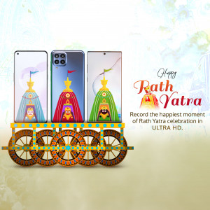 Three smartphones decorated with Rath Yatra chariot designs.