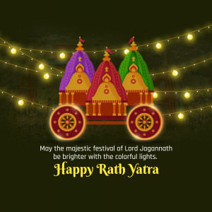 Illustration of three Rath Yatra chariots decorated with lights and colors