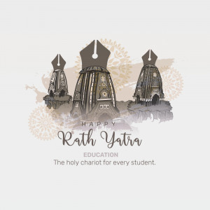 Illustration of three Rath chariots with floral elements and text 'Happy Rath Yatra'