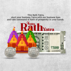Rath Yatra themed image promoting business loans with Indian currency and temple illustrations.