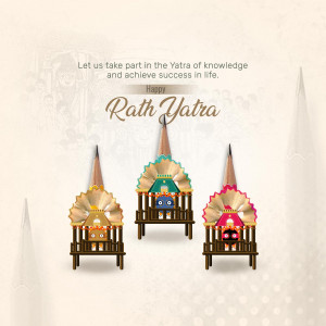 Illustration of three Rath Yatra chariots decorated with pencils and paper fans.