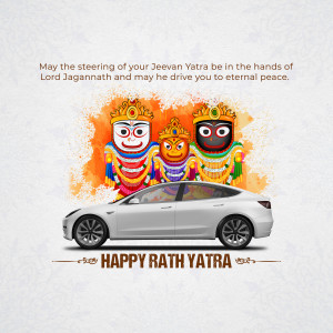 Rath Yatra celebration with a Tesla car and depictions of Lord Jagannath