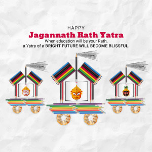 Illustration of three colorful raths made of pencils with faces on them, celebrating Jagannath Rath Yatra.