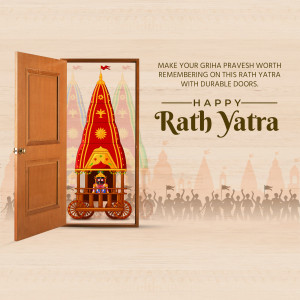 Image depicting a Rath Yatra chariot appearing through an open doorway.
