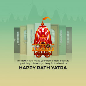 Illustration of a Rath Yatra chariot in front of doors with text 'Happy Rath Yatra'