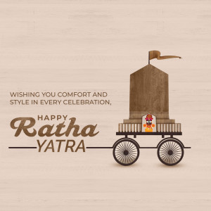 Illustration of a Ratha Yatra chariot with text wishing comfort and style in every celebration.