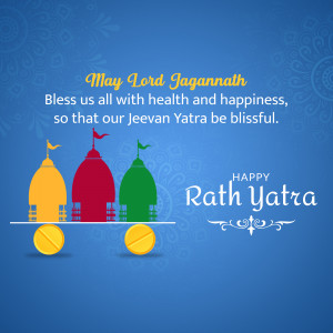 Rath Yatra greeting with temple chariots and text