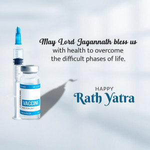 Image depicting a vaccine vial and syringe with a Rath Yatra greeting.