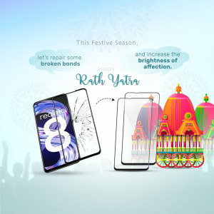 Realme 8 phone with broken and protected screen alongside a Rath Yatra chariot