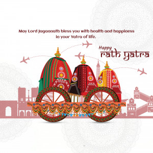 Illustration of Rath Yatra chariots with airplanes and a city skyline