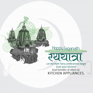 Illustration of Jagannath Temple and Ratha Yatra celebrations with Kitchen Appliances promotion.