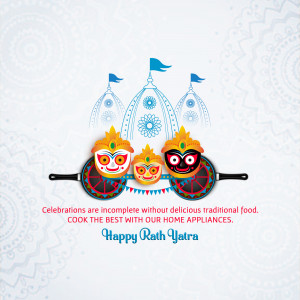 Rath Yatra festival illustration with Lord Jagannath, Balabhadra, and Subhadra faces on cooking pans.
